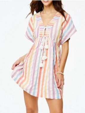 Roller Rabbit Nettie Caftan Rainbow Striped Tassel Dress